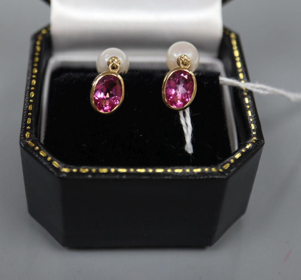 A pair of 9ct gold rose quartz and cultured pearl drop earrings, gross 3 grams. drop 22mm.